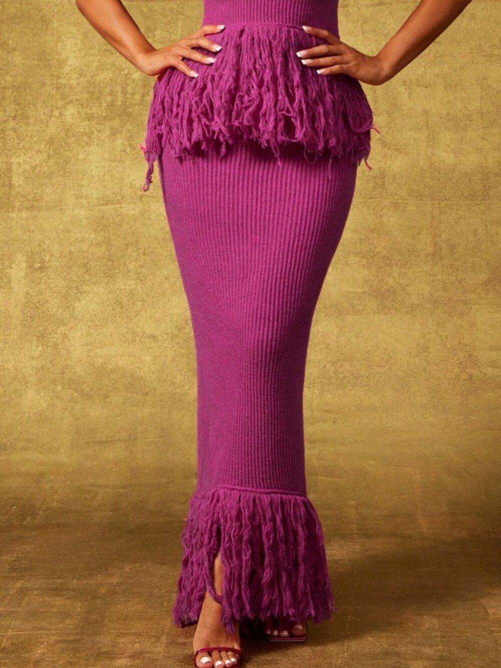 Hot Pink Elegant Women's Hem Rib Waistband Maxi Skirt - Picture 4 of 5